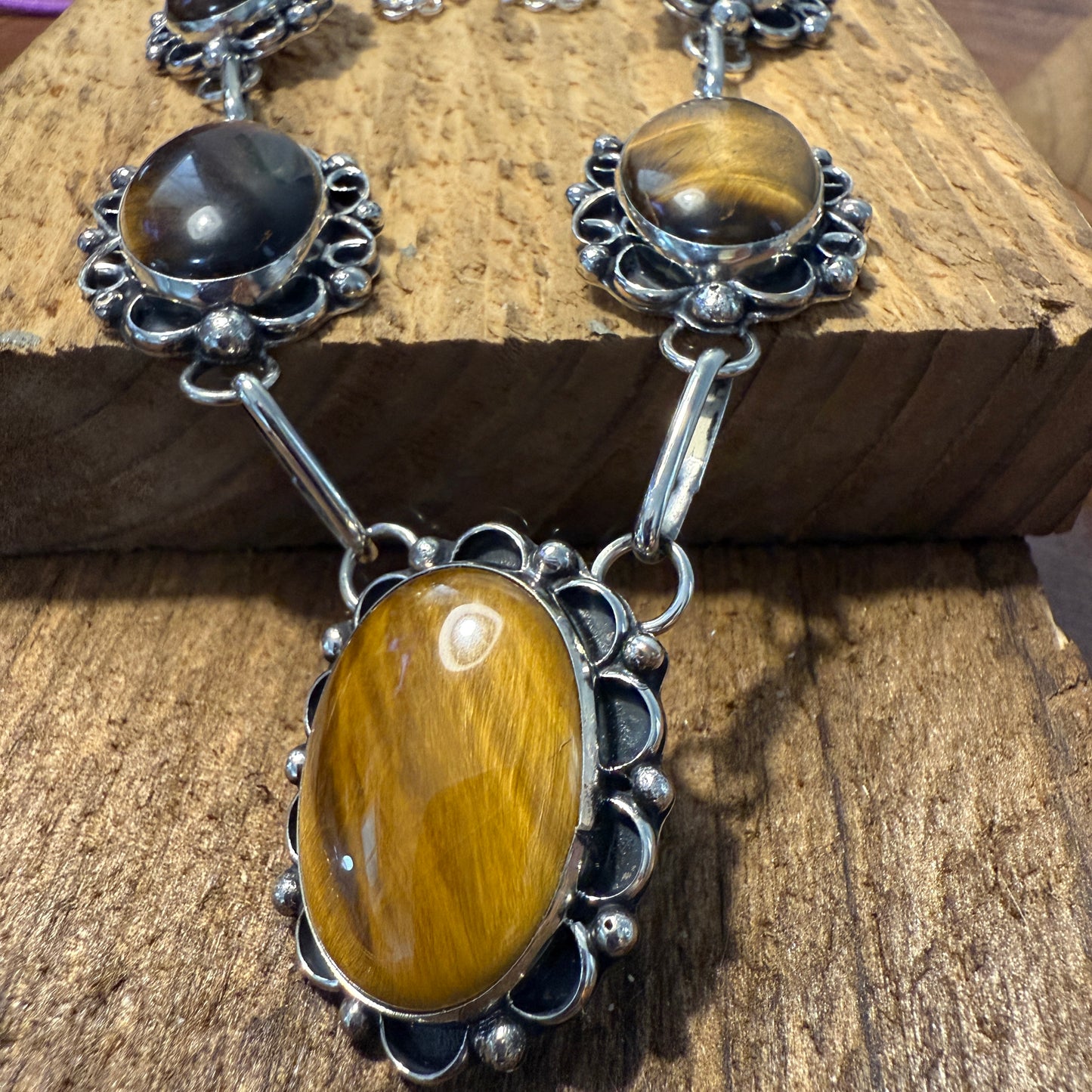 Native American Navajo Nickel Silver And Tiger Eye Necklace Signed Cleveland