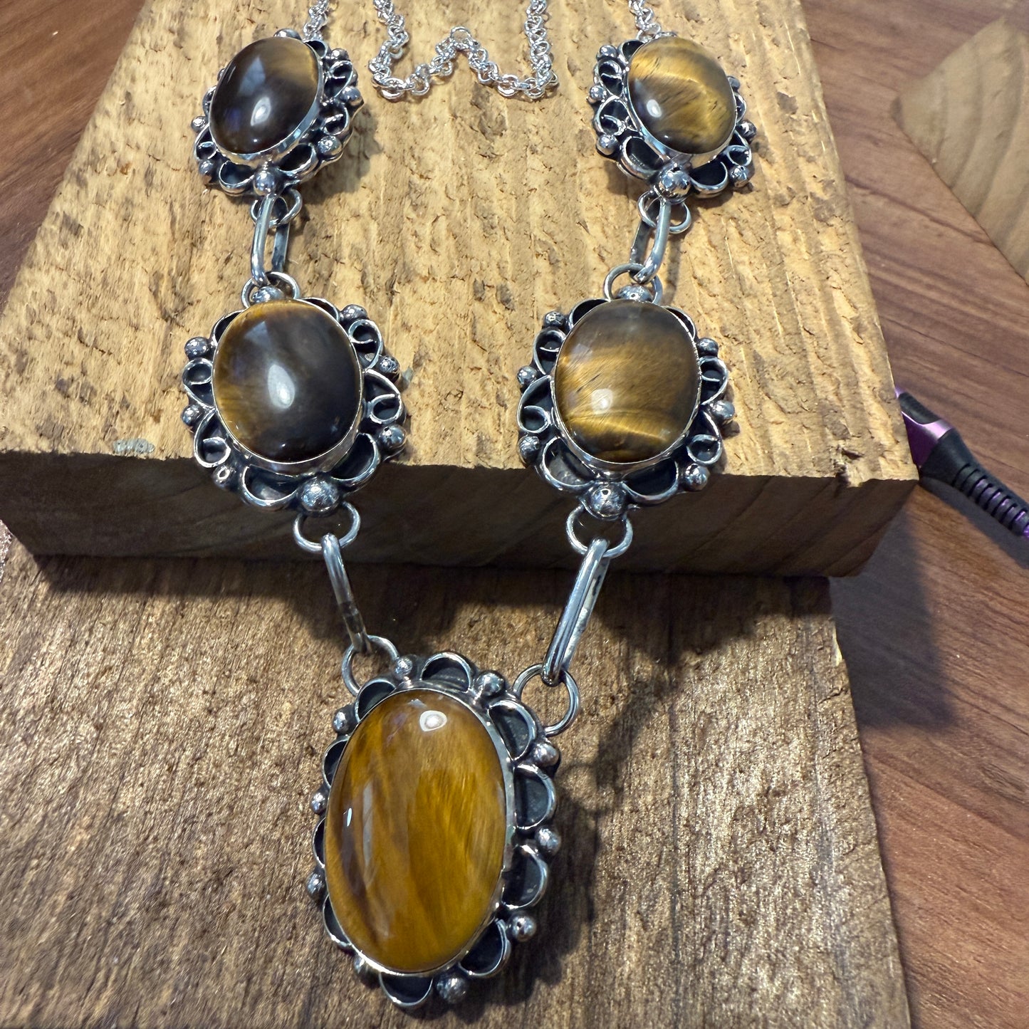 Native American Navajo Nickel Silver And Tiger Eye Necklace Signed Cleveland