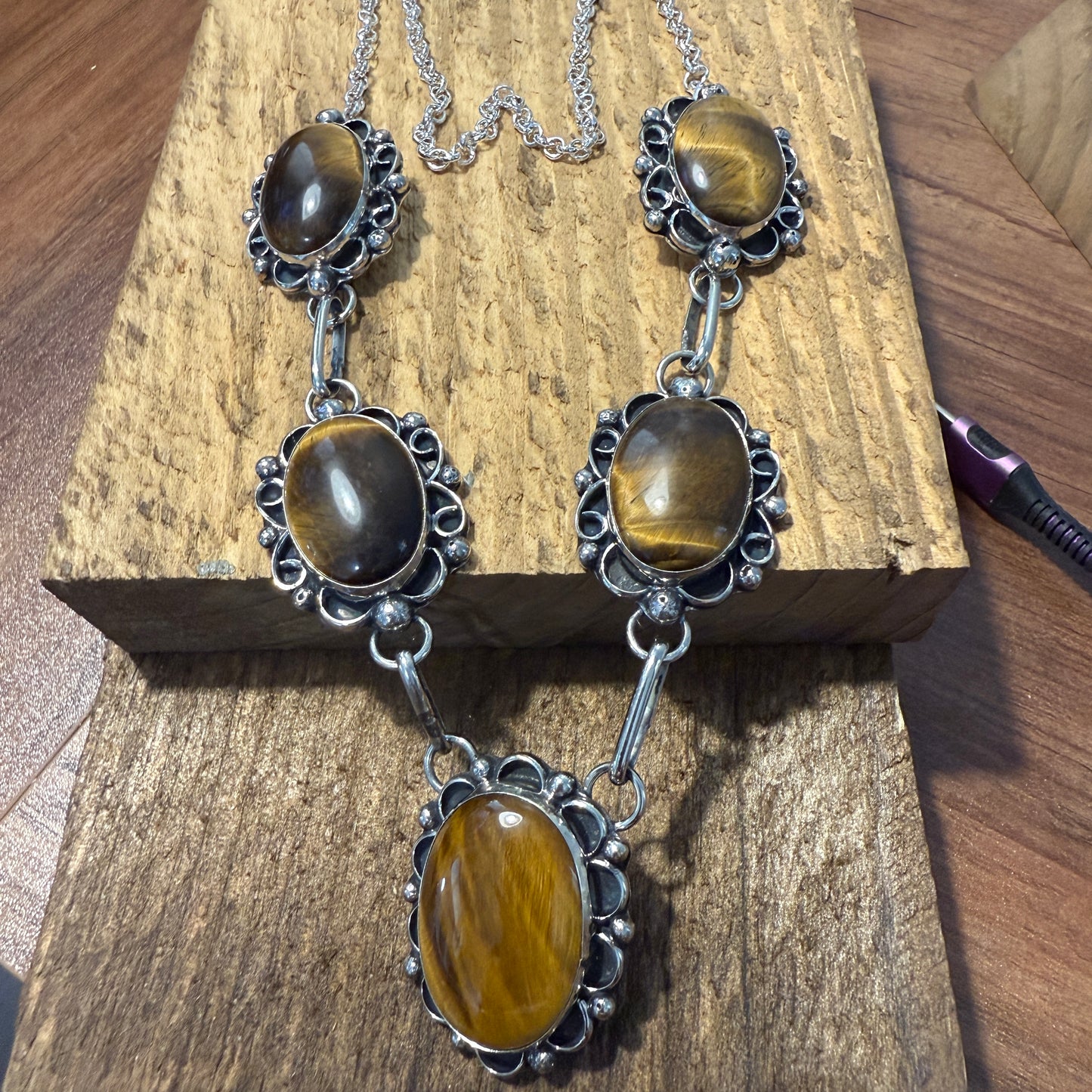 Native American Navajo Nickel Silver And Tiger Eye Necklace Signed Cleveland