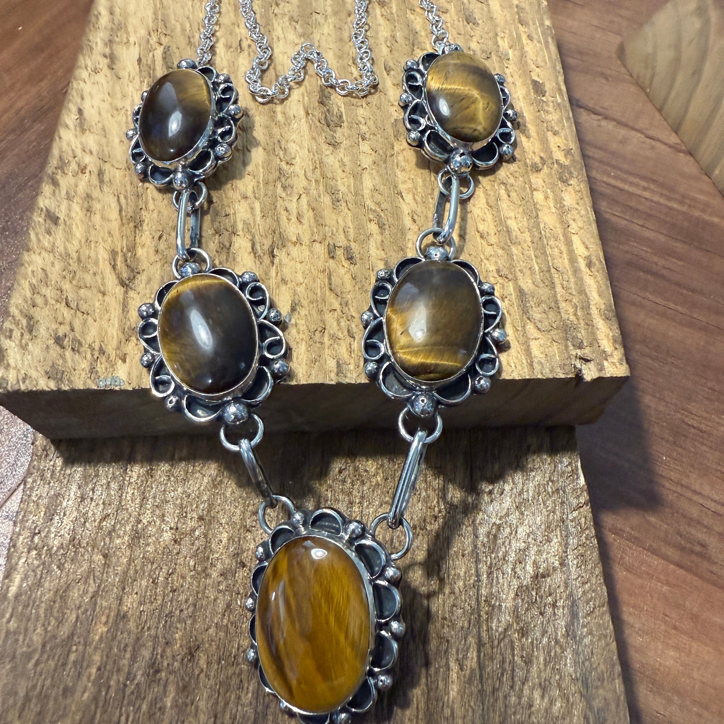 Native American Navajo Nickel Silver And Tiger Eye Necklace Signed Cleveland