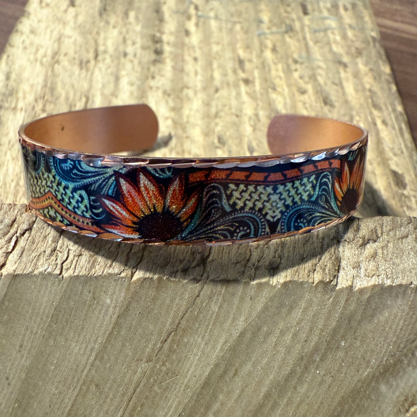 Handcrafted Copper Sunflower Narrow Cuff Bracelet Gift Box