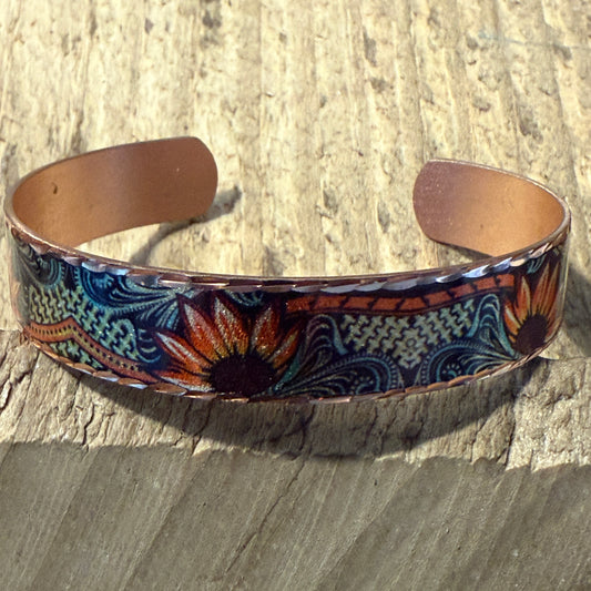 Handcrafted Copper Sunflower Narrow Cuff Bracelet Gift Box