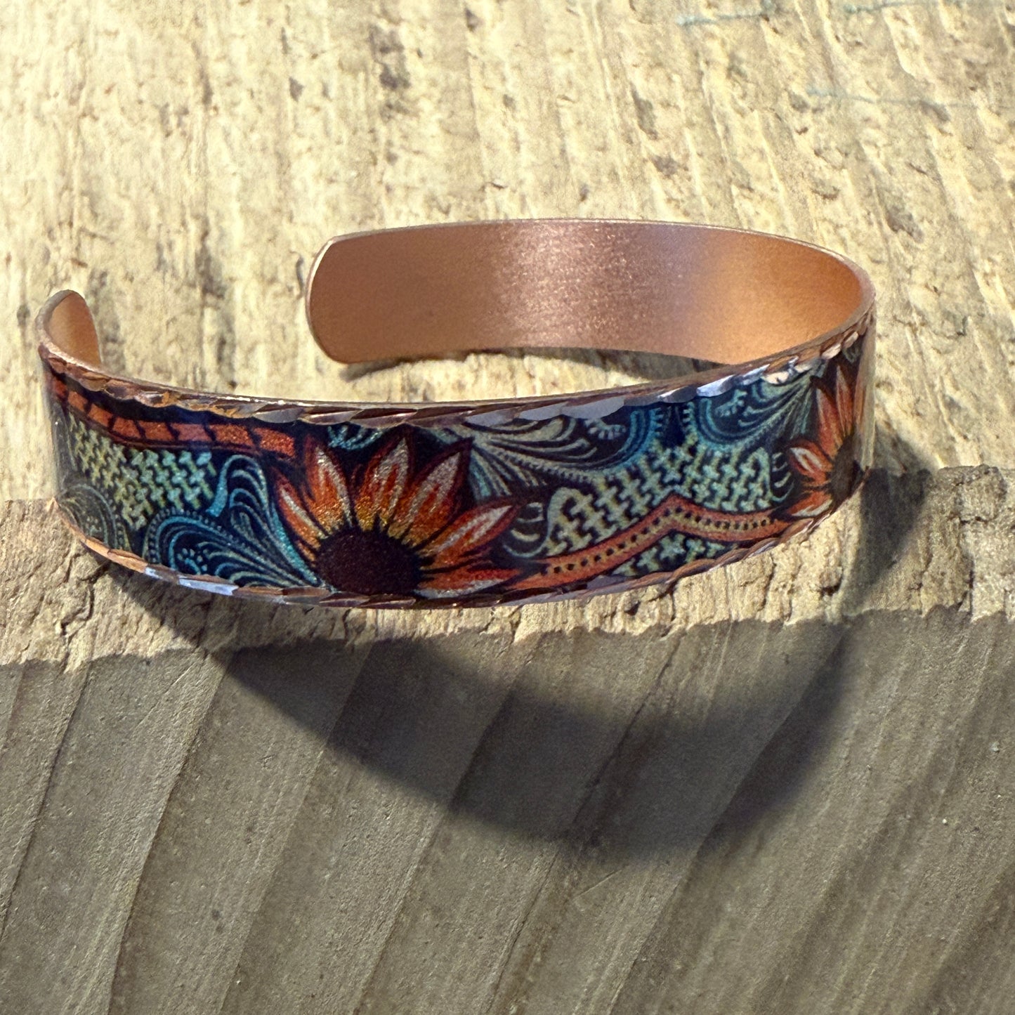 Handcrafted Copper Sunflower Narrow Cuff Bracelet Gift Box