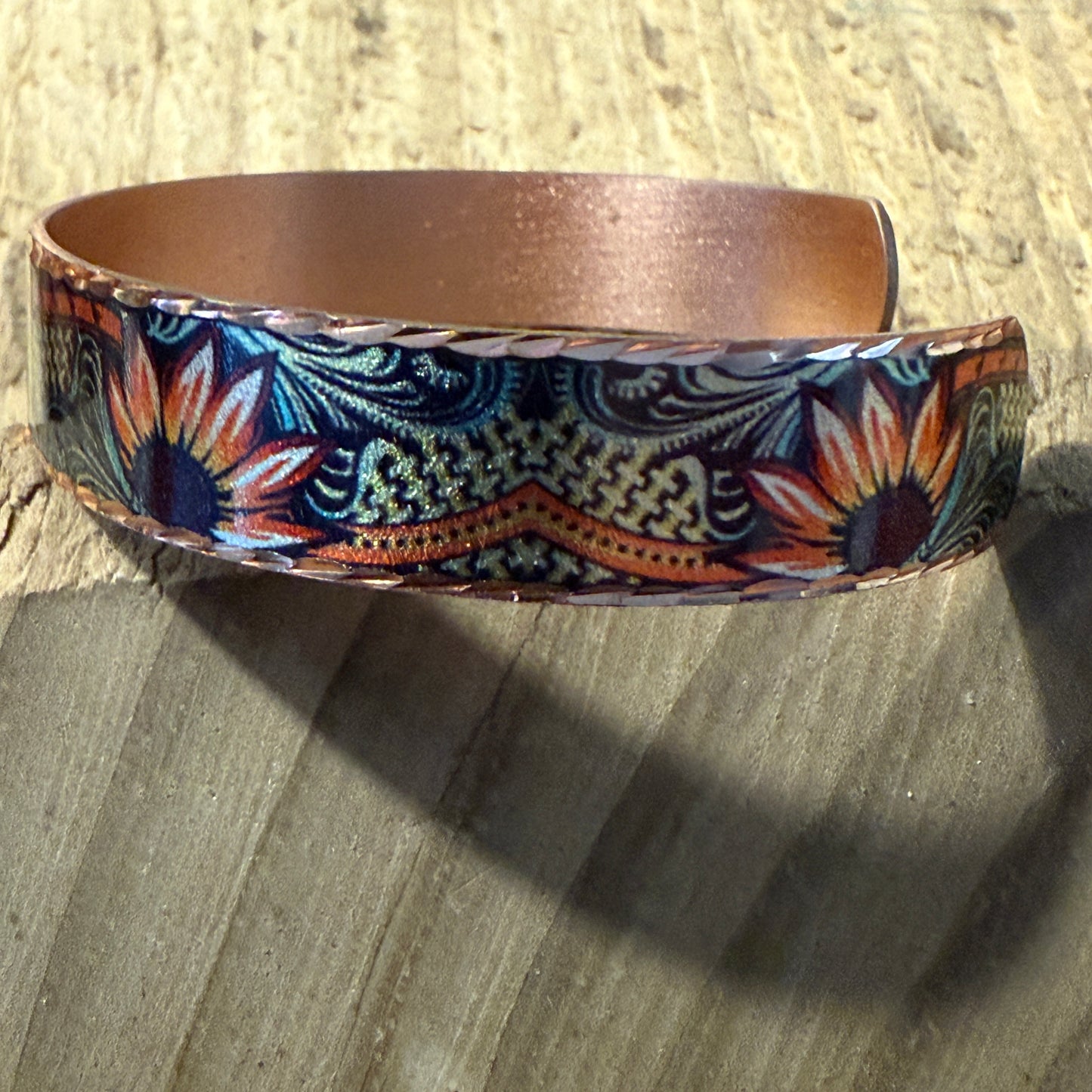 Handcrafted Copper Sunflower Narrow Cuff Bracelet Gift Box