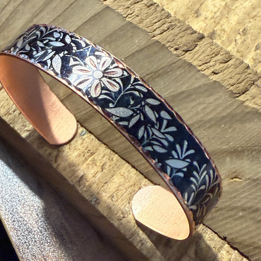 Handcrafted Copper Black Diamond Floral Narrow Cuff Bracelet Gift Box