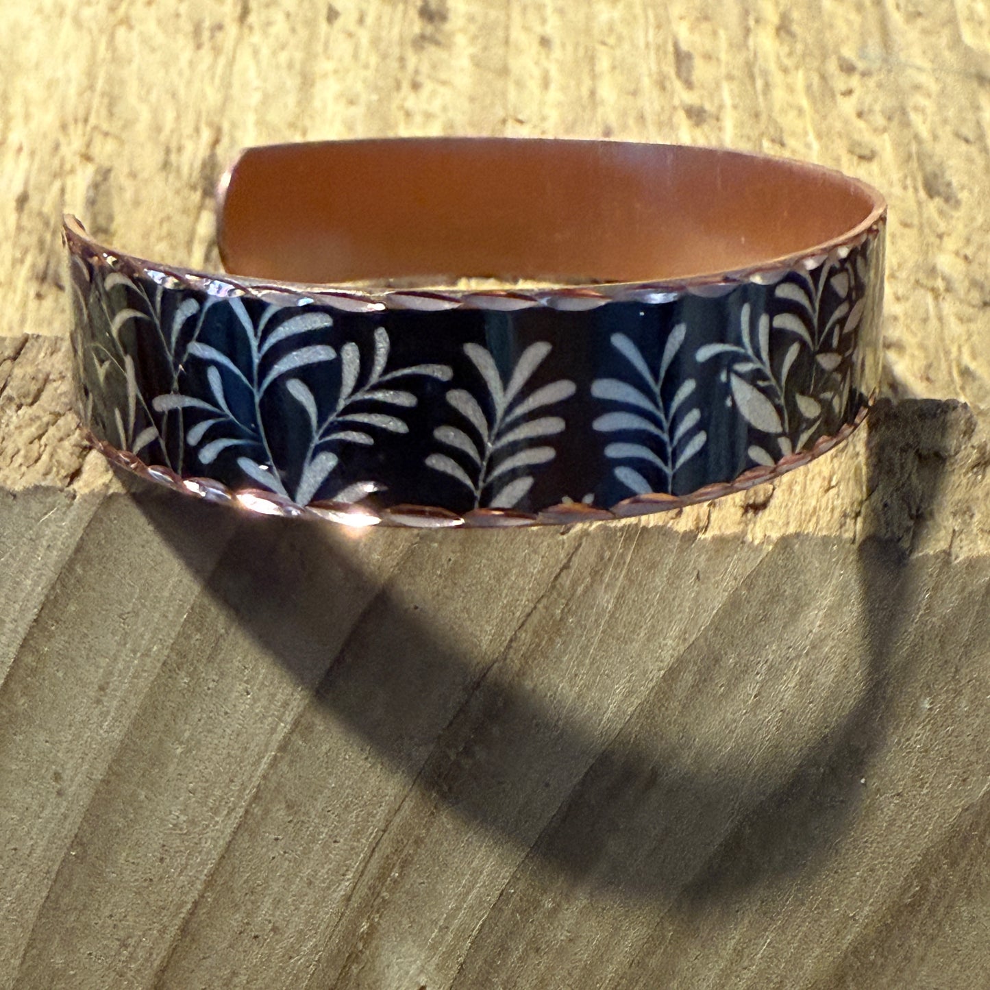 Handcrafted Copper Black Diamond Floral Narrow Cuff Bracelet Gift Box