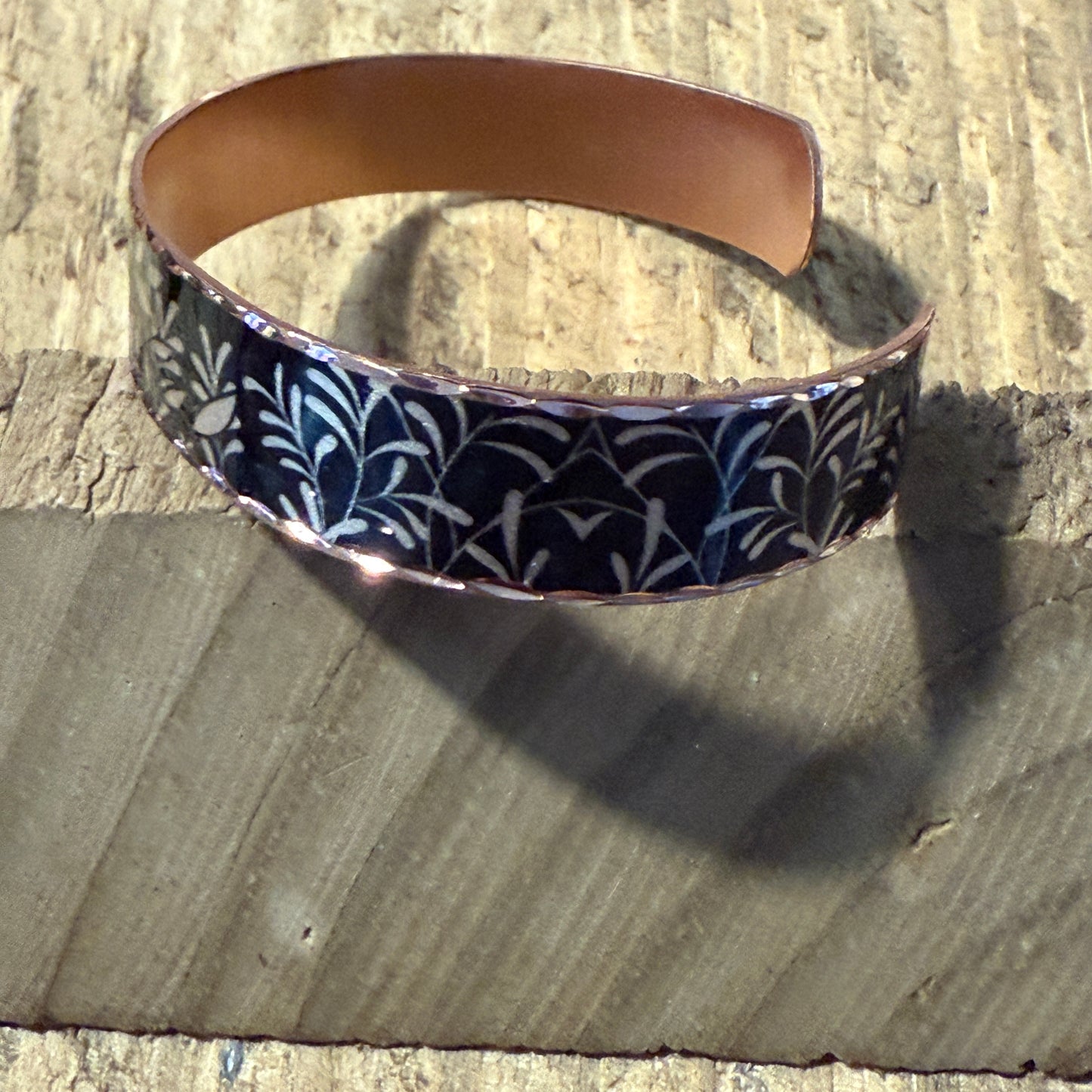 Handcrafted Copper Black Diamond Floral Narrow Cuff Bracelet Gift Box