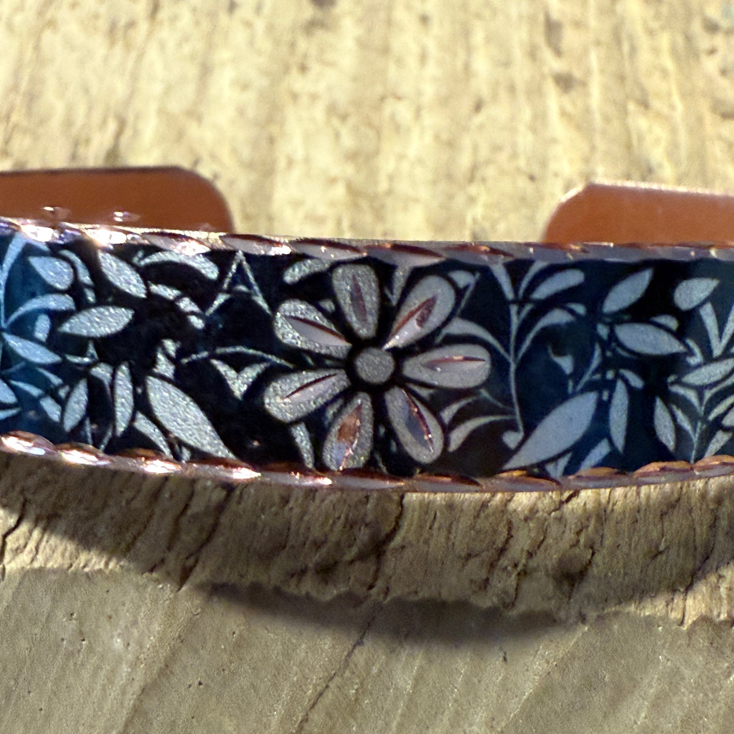 Handcrafted Copper Black Diamond Floral Narrow Cuff Bracelet Gift Box