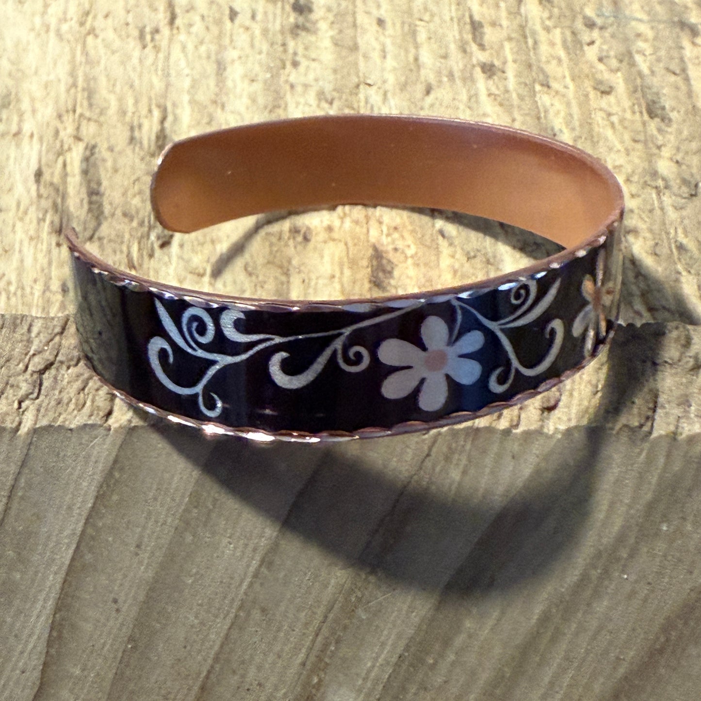 Copper Black Diamond Floral Narrow Cuff Bracelet Gift Box