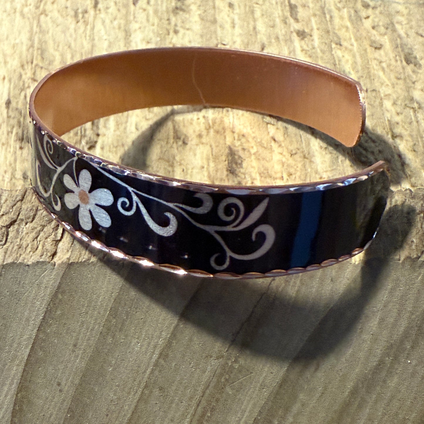 Copper Black Diamond Floral Narrow Cuff Bracelet Gift Box