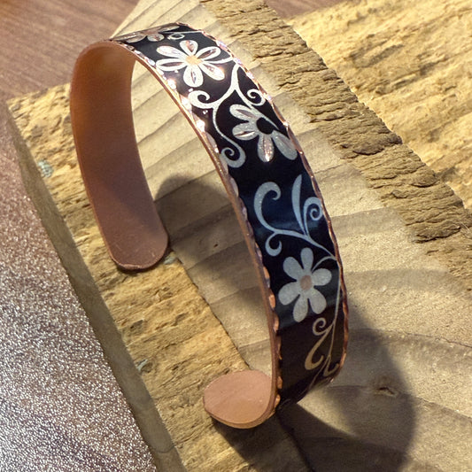 Copper Black Diamond Floral Narrow Cuff Bracelet Gift Box