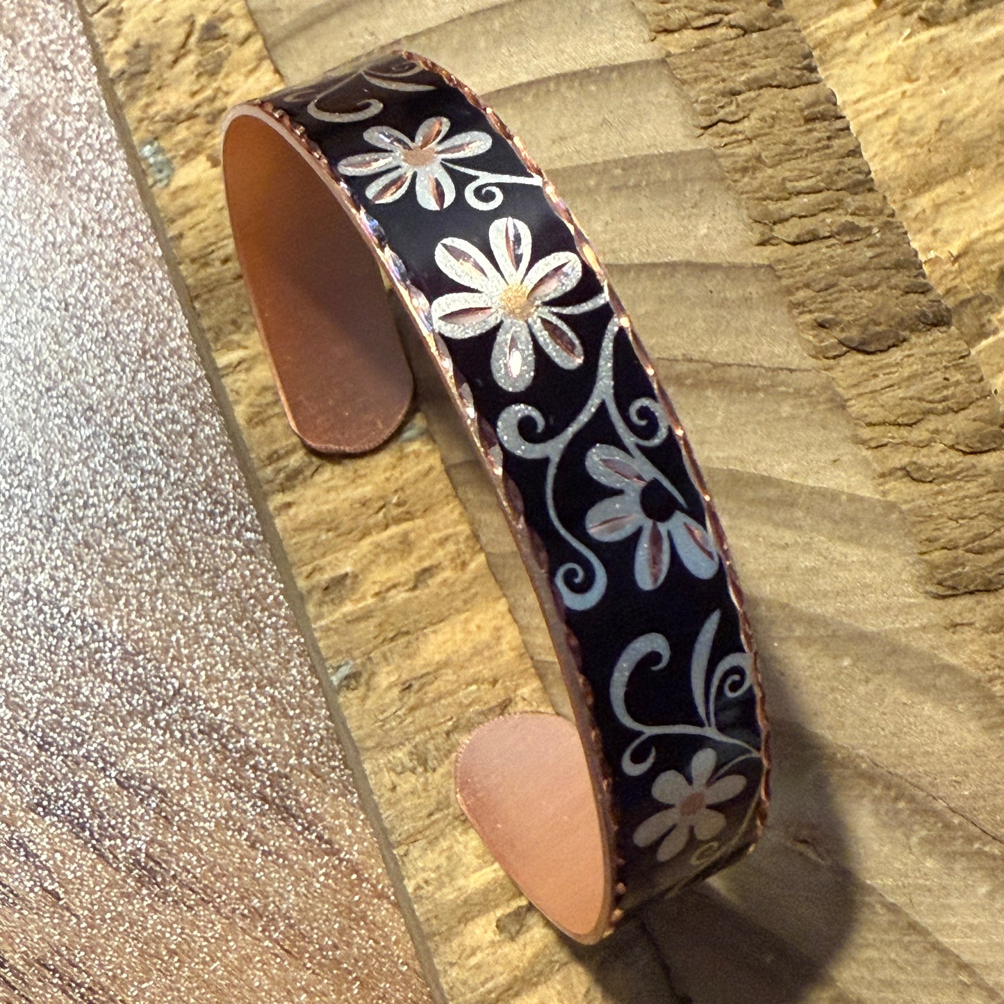 Copper Black Diamond Floral Narrow Cuff Bracelet Gift Box