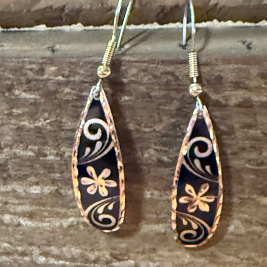 Handcrafted copper rose-gold floral wire drop earrings with black enamel and delicate scrollwork.