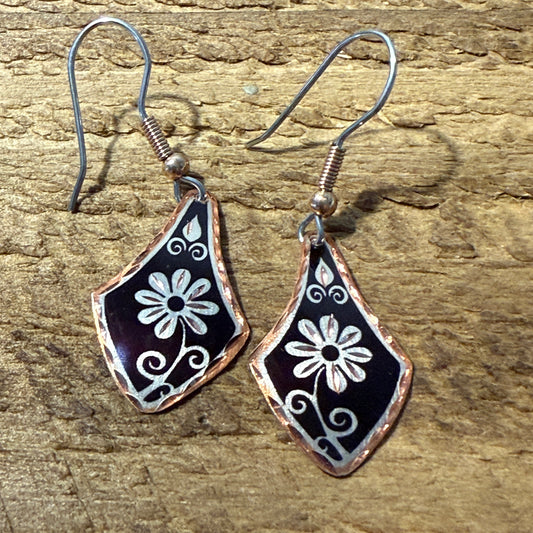 Handcrafted Copper Black Diamond Rose Gold Floral Wire Drop Earrings Gift Box