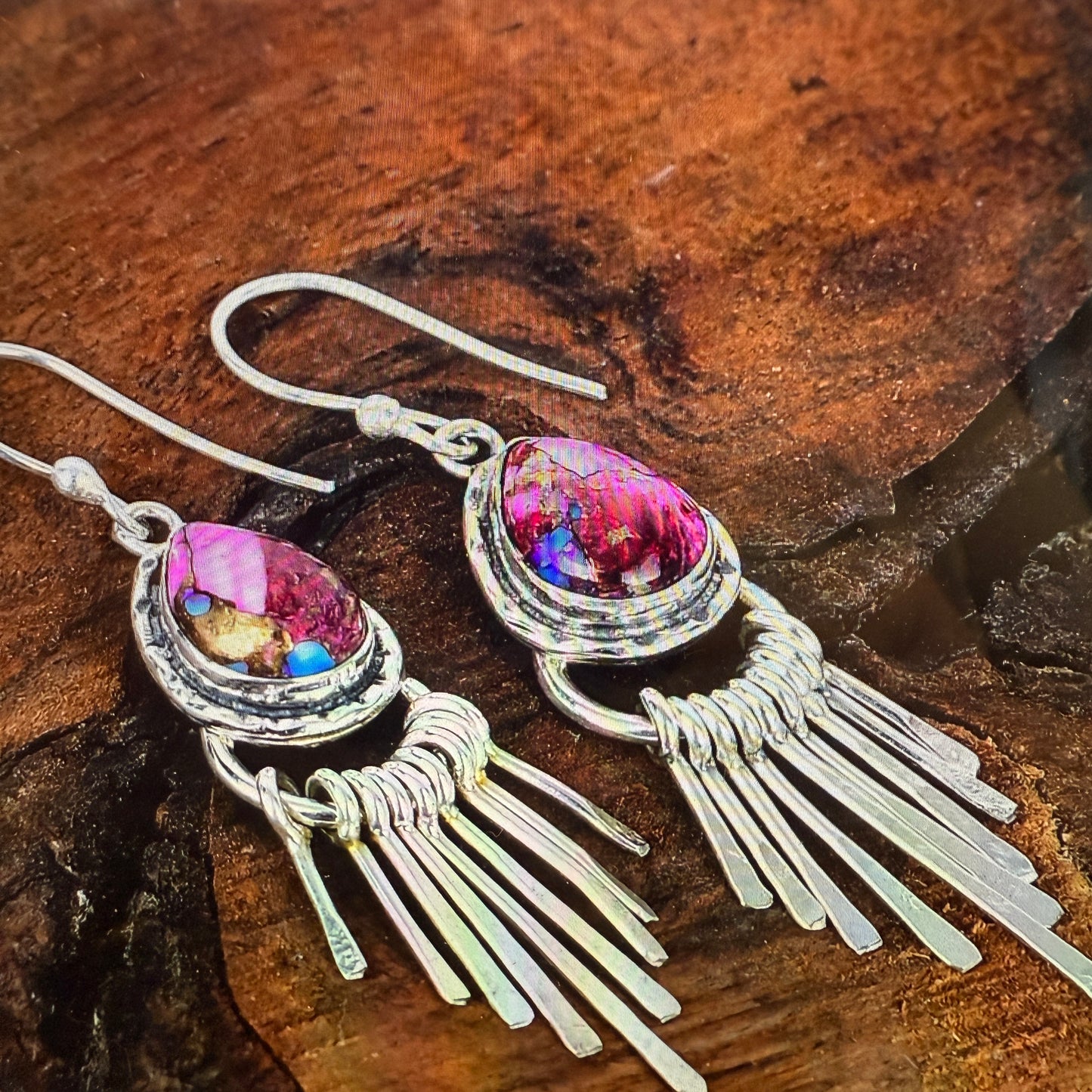 Pink Dahlia Turquoise Sterling Silver Dangle Earrings