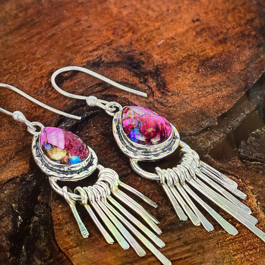 Pink Dahlia Turquoise Sterling Silver Dangle Earrings