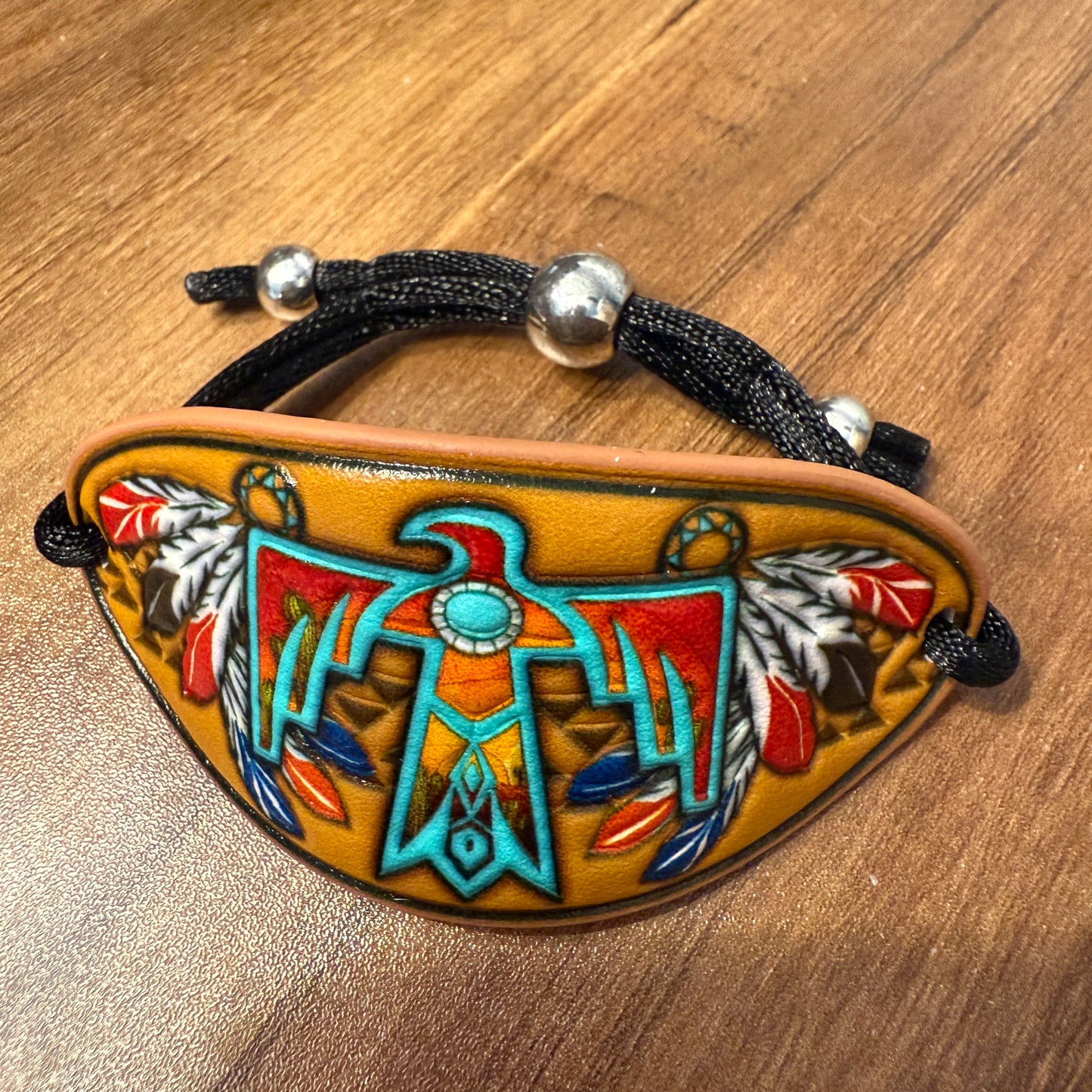 Native Thunderbird Leather Carved Cuff Bracelet Handcrafted Native American Style Power Accessory