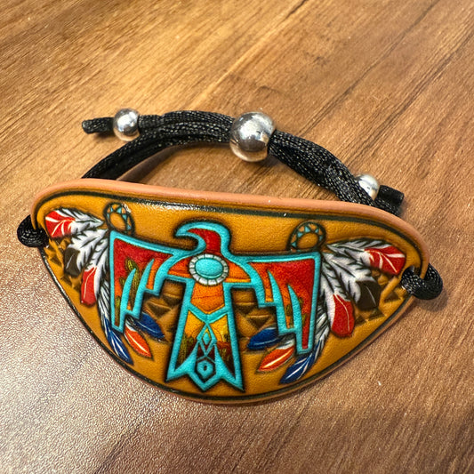 Native Thunderbird Leather Carved Cuff Bracelet Handcrafted Native American Style Power Accessory