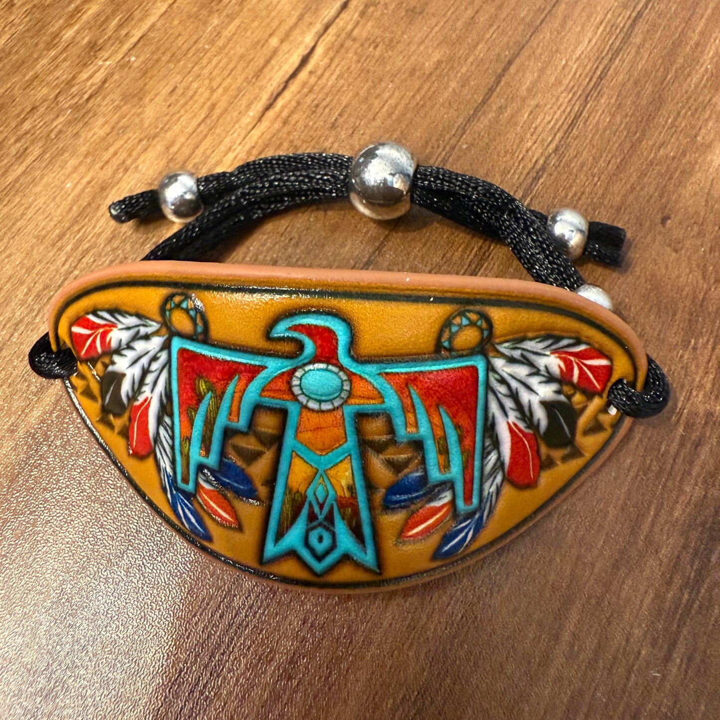 Native Thunderbird Leather Carved Cuff Bracelet Handcrafted Native American Style Power Accessory