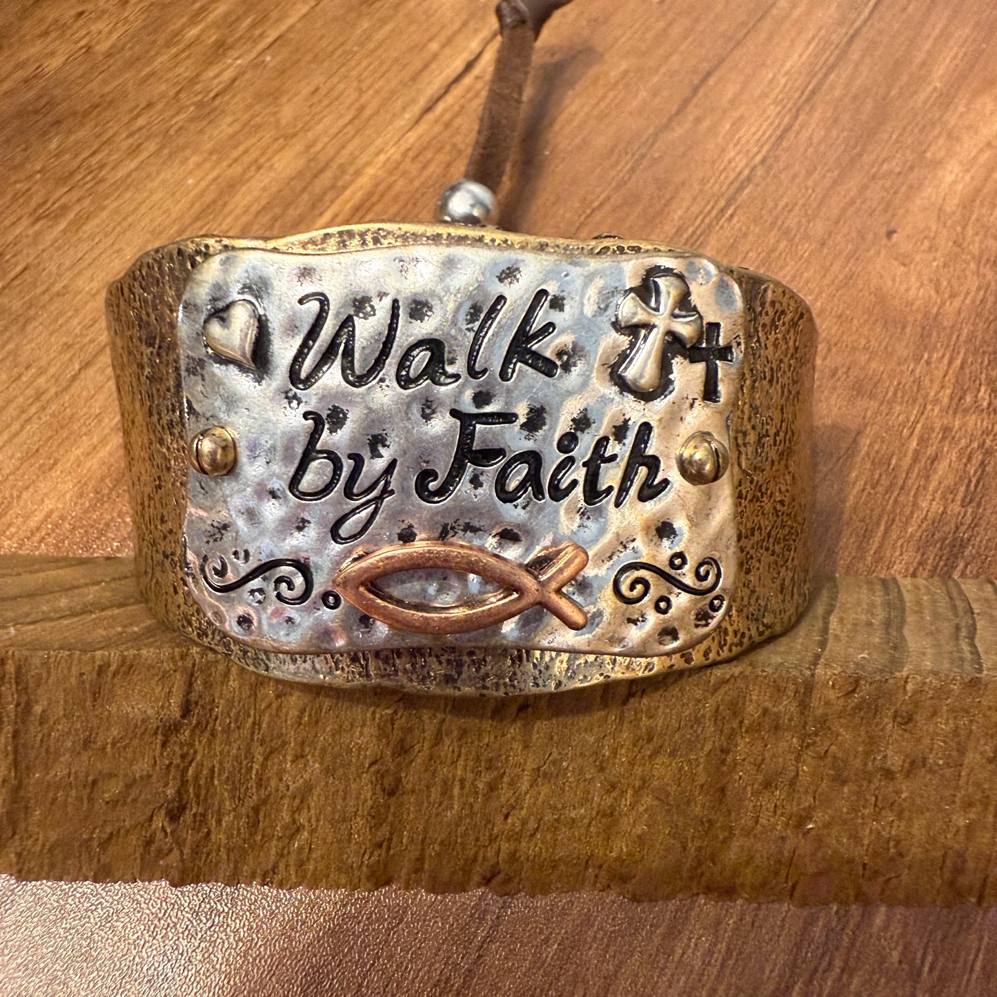 Walk By Faith Cross Patina Bracelet Cuff Gold With Adjustable Leather Strap