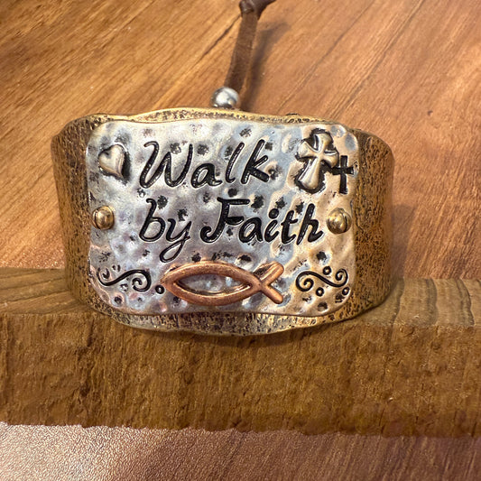 Walk By Faith Cross Patina Bracelet Cuff Gold With Adjustable Leather Strap