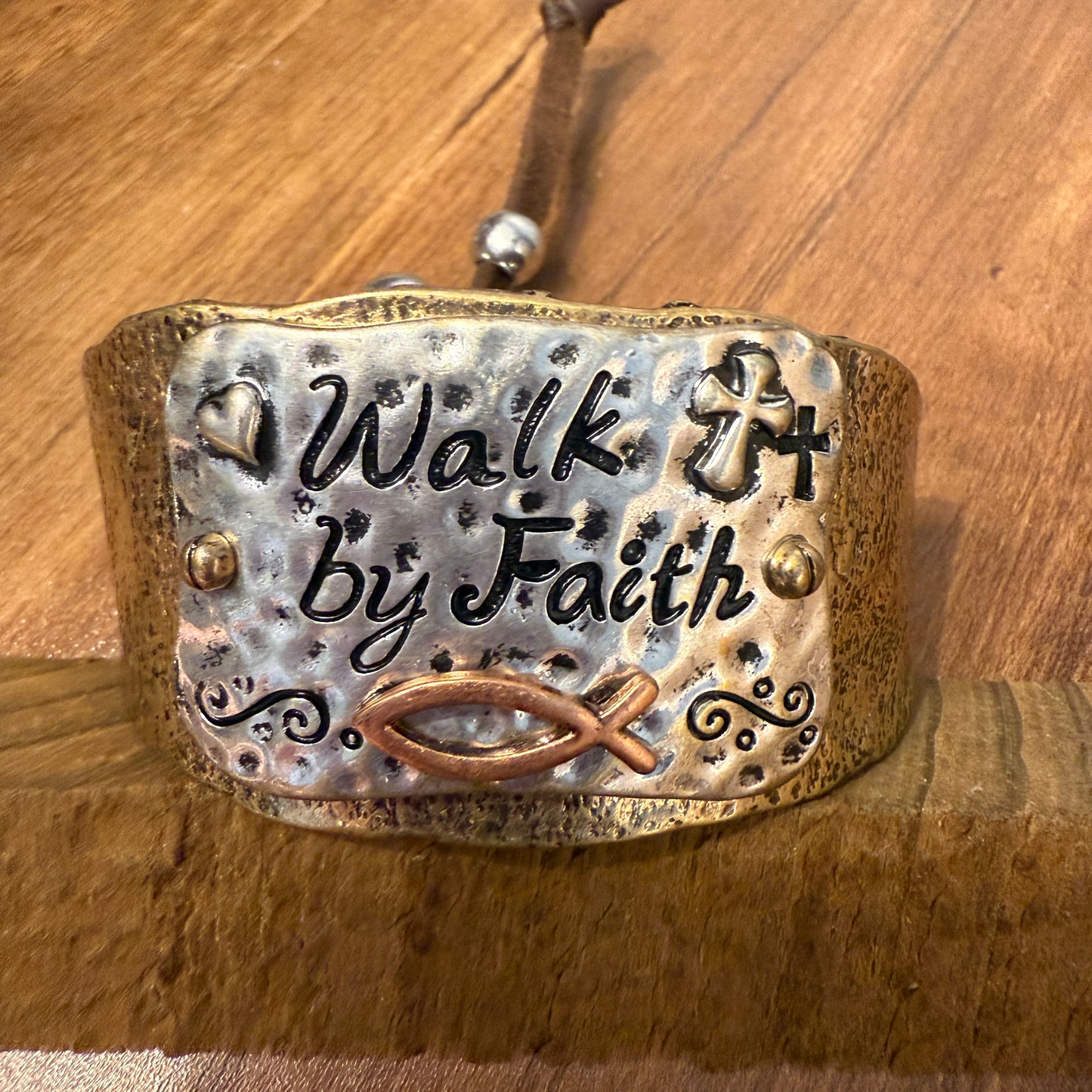 Walk By Faith Cross Patina Bracelet Cuff Gold With Adjustable Leather Strap