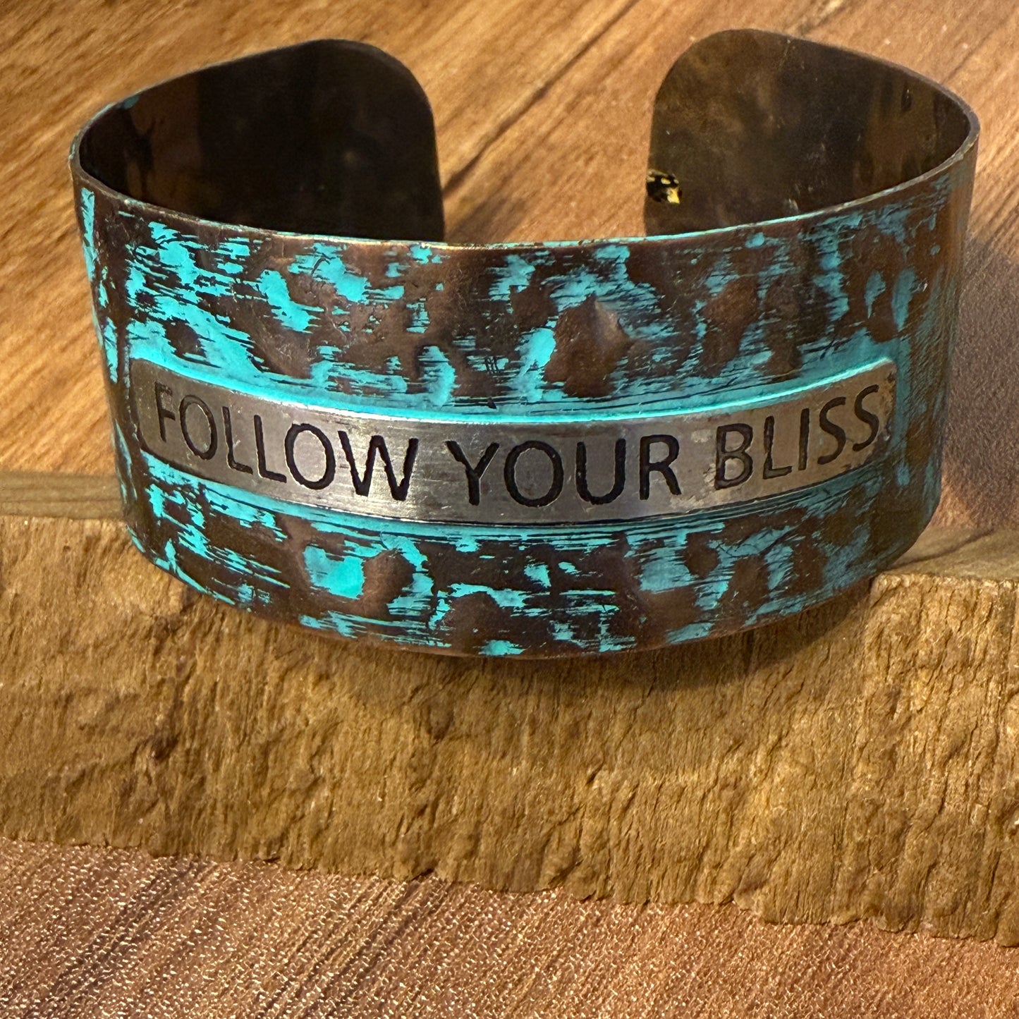 Message FOLLOW YOUR BLISS Metal Western Cuff Bracelet With Patina Rustic Inscriptions