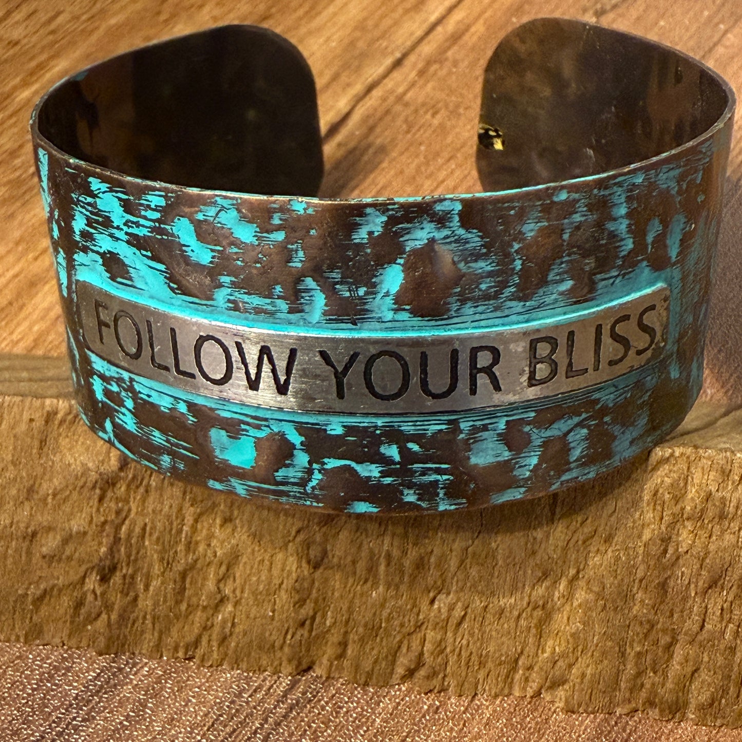 Message FOLLOW YOUR BLISS Metal Western Cuff Bracelet With Patina Rustic Inscriptions