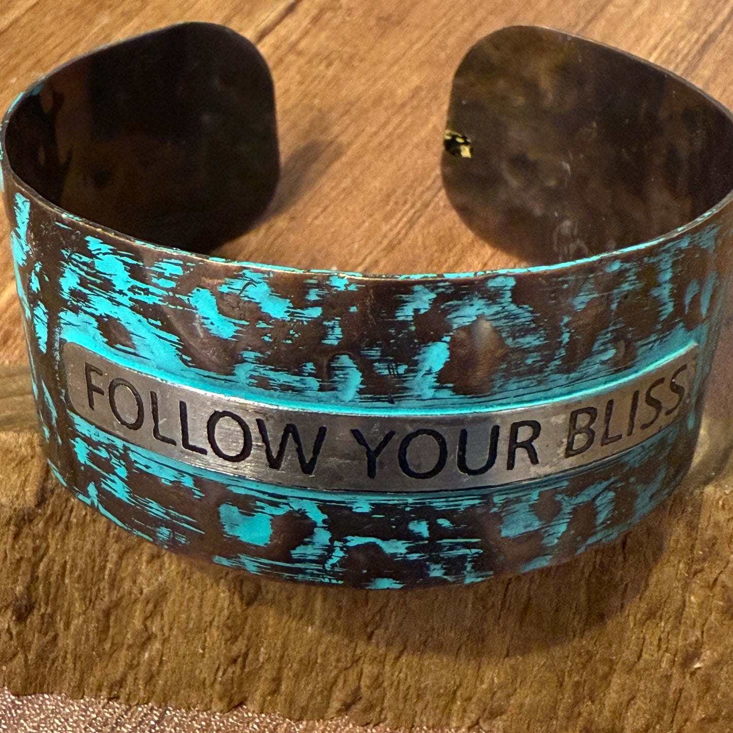 Message FOLLOW YOUR BLISS Metal Western Cuff Bracelet With Patina Rustic Inscriptions