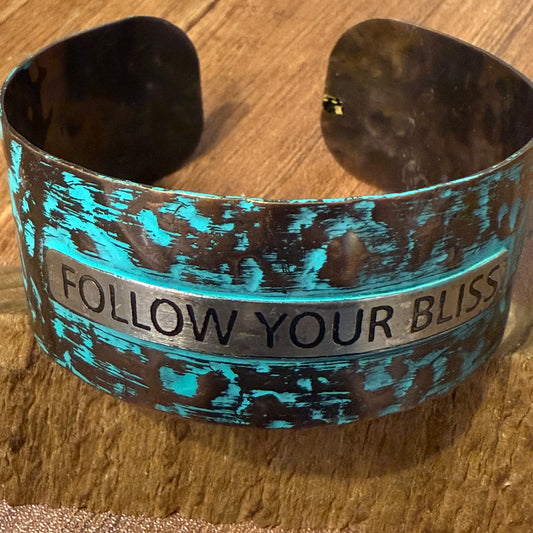 Message FOLLOW YOUR BLISS Metal Western Cuff Bracelet With Patina Rustic Inscriptions