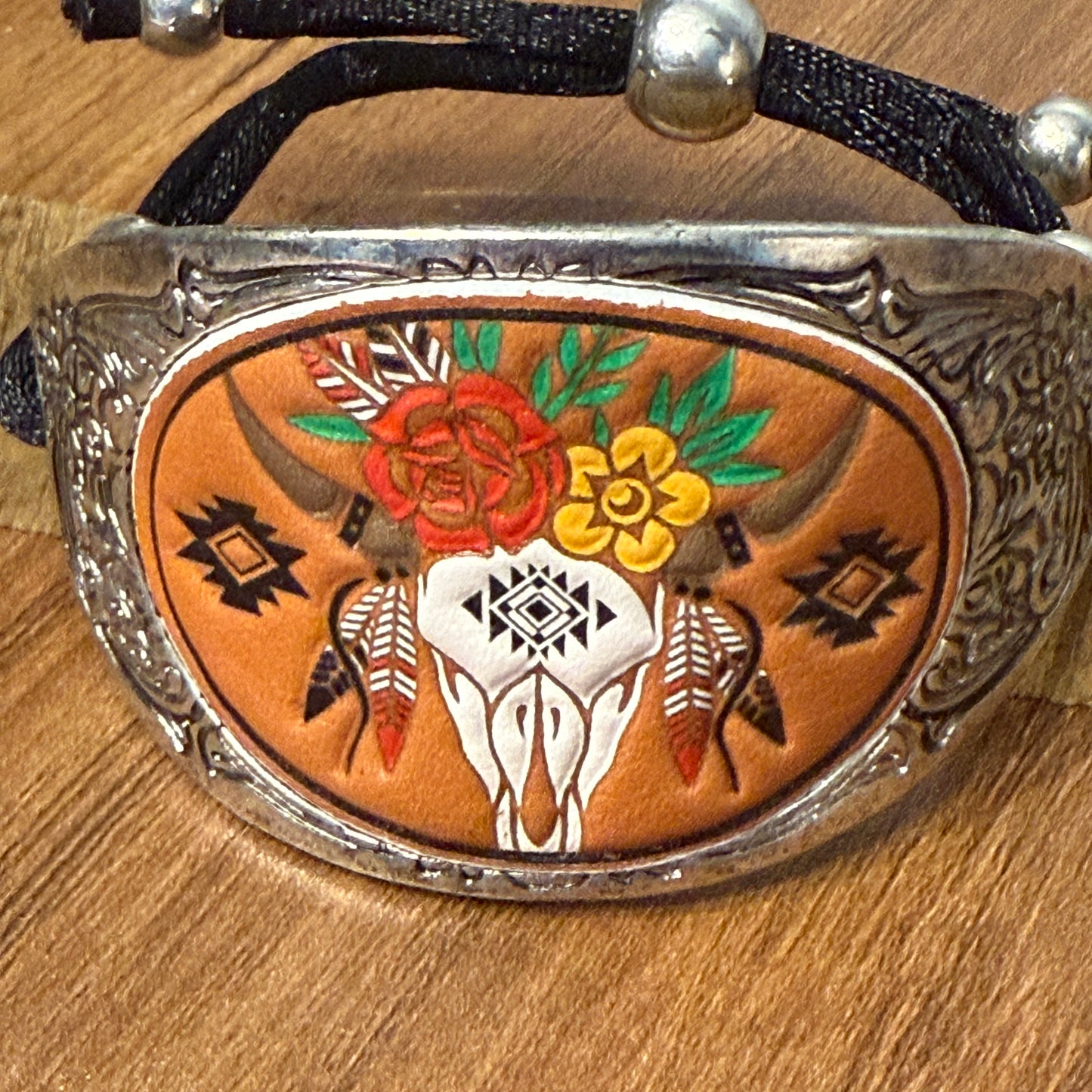 Western Longhorn Skull Leather Carved Cuff Bracelet for Cowboys and Cowgirls