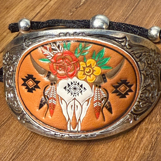 Western Longhorn Skull Leather Carved Cuff Bracelet for Cowboys and Cowgirls