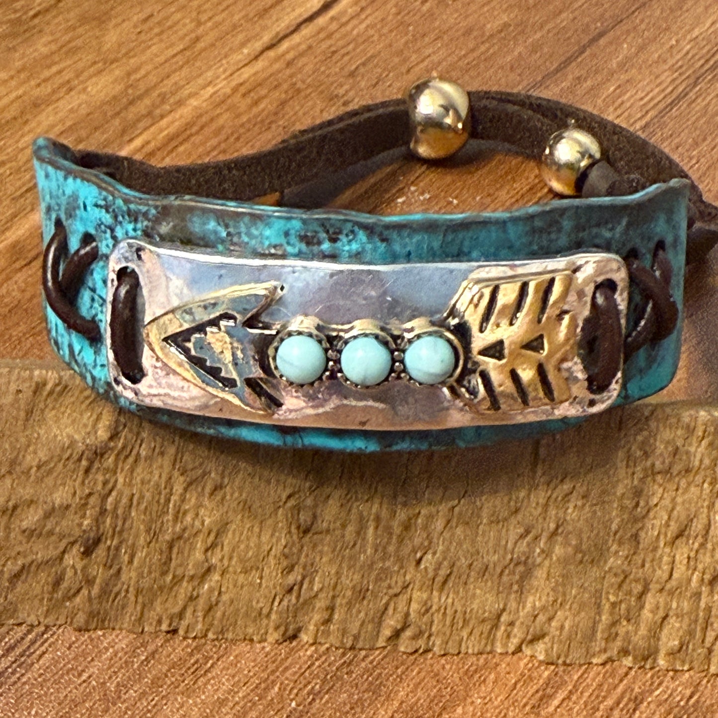 Turquoise Stone Native American Arrow Rope Western Bracelet Cuff With Gold Patina And Silver Accents