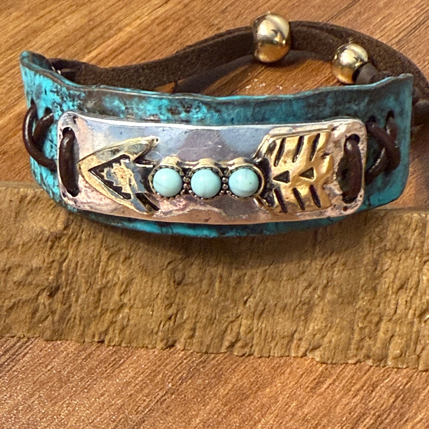 Turquoise Stone Native American Arrow Rope Western Bracelet Cuff With Gold Patina And Silver Accents