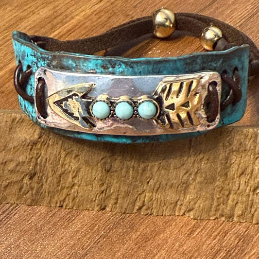 Turquoise Stone Native American Arrow Rope Western Bracelet Cuff With Gold Patina And Silver Accents