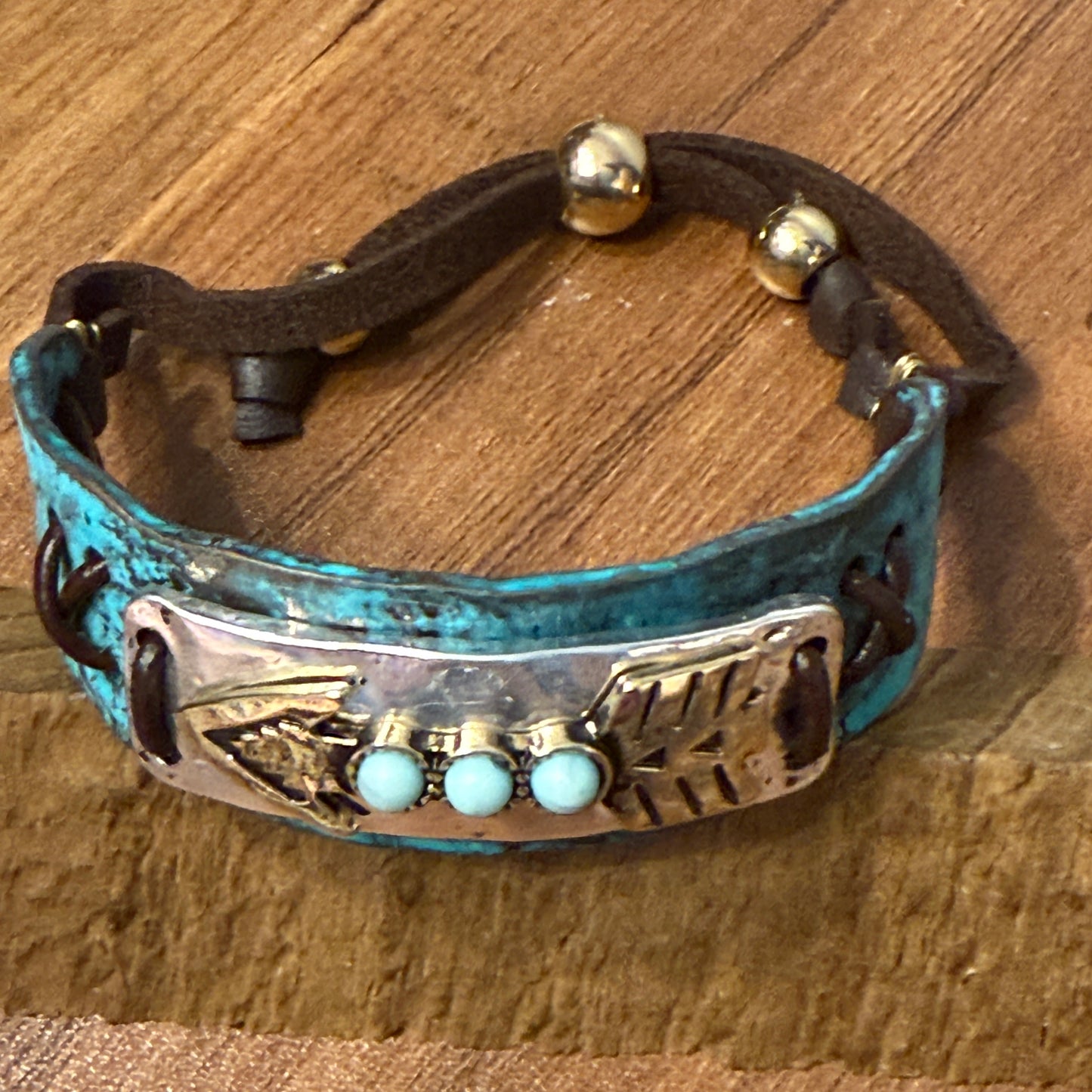 Turquoise Stone Native American Arrow Rope Western Bracelet Cuff With Gold Patina And Silver Accents