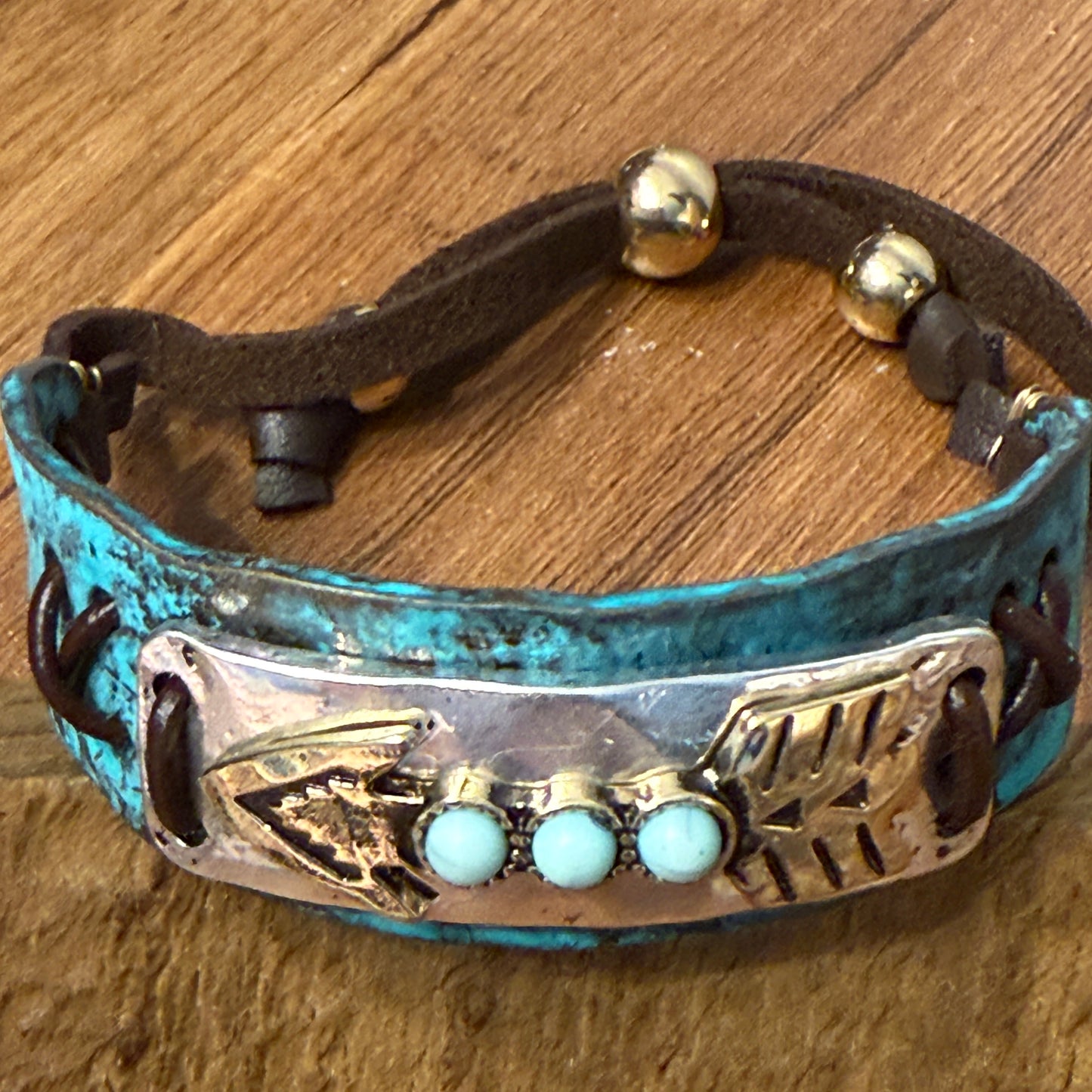 Turquoise Stone Native American Arrow Rope Western Bracelet Cuff With Gold Patina And Silver Accents