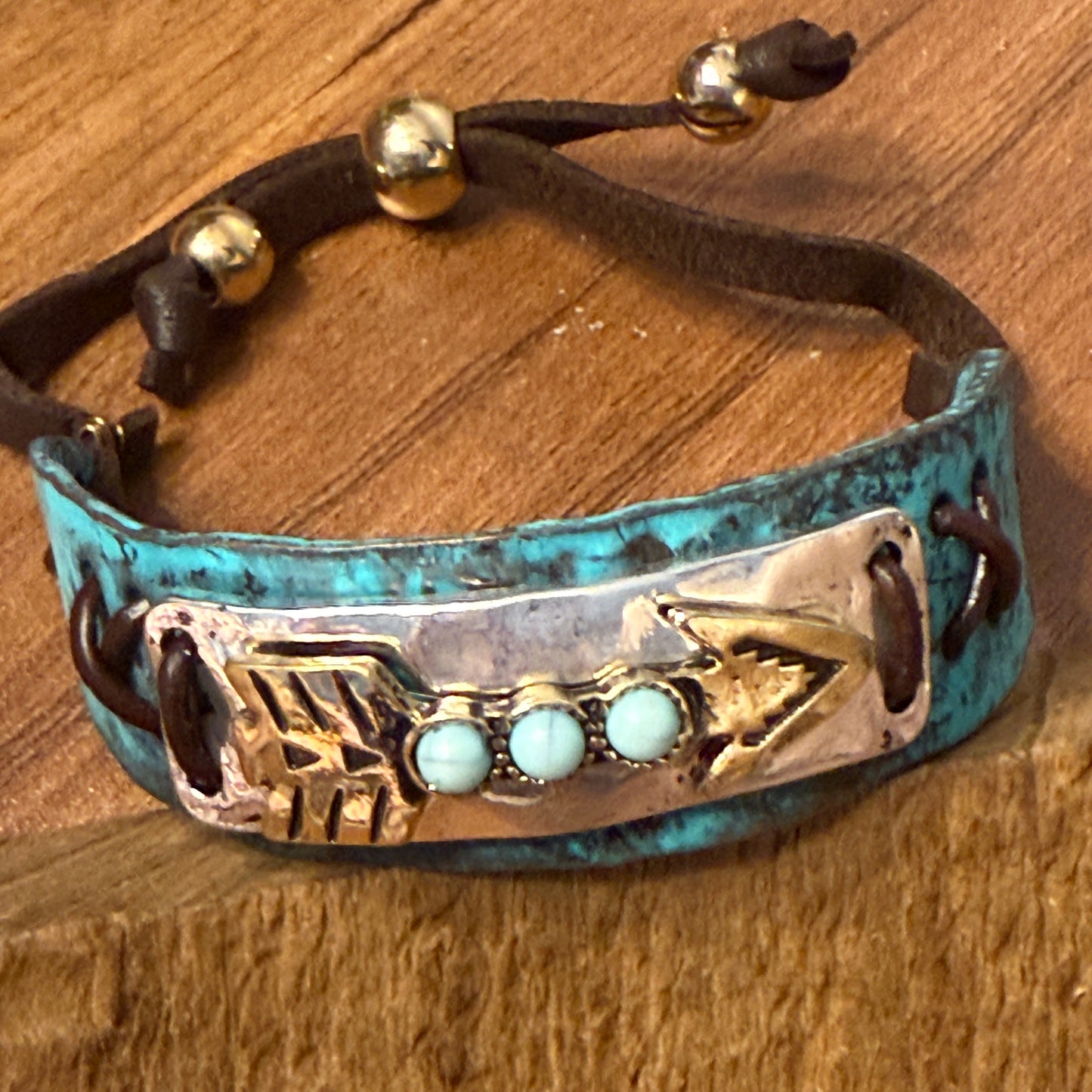 Turquoise Stone Native American Arrow Rope Western Bracelet Cuff With Gold Patina And Silver Accents