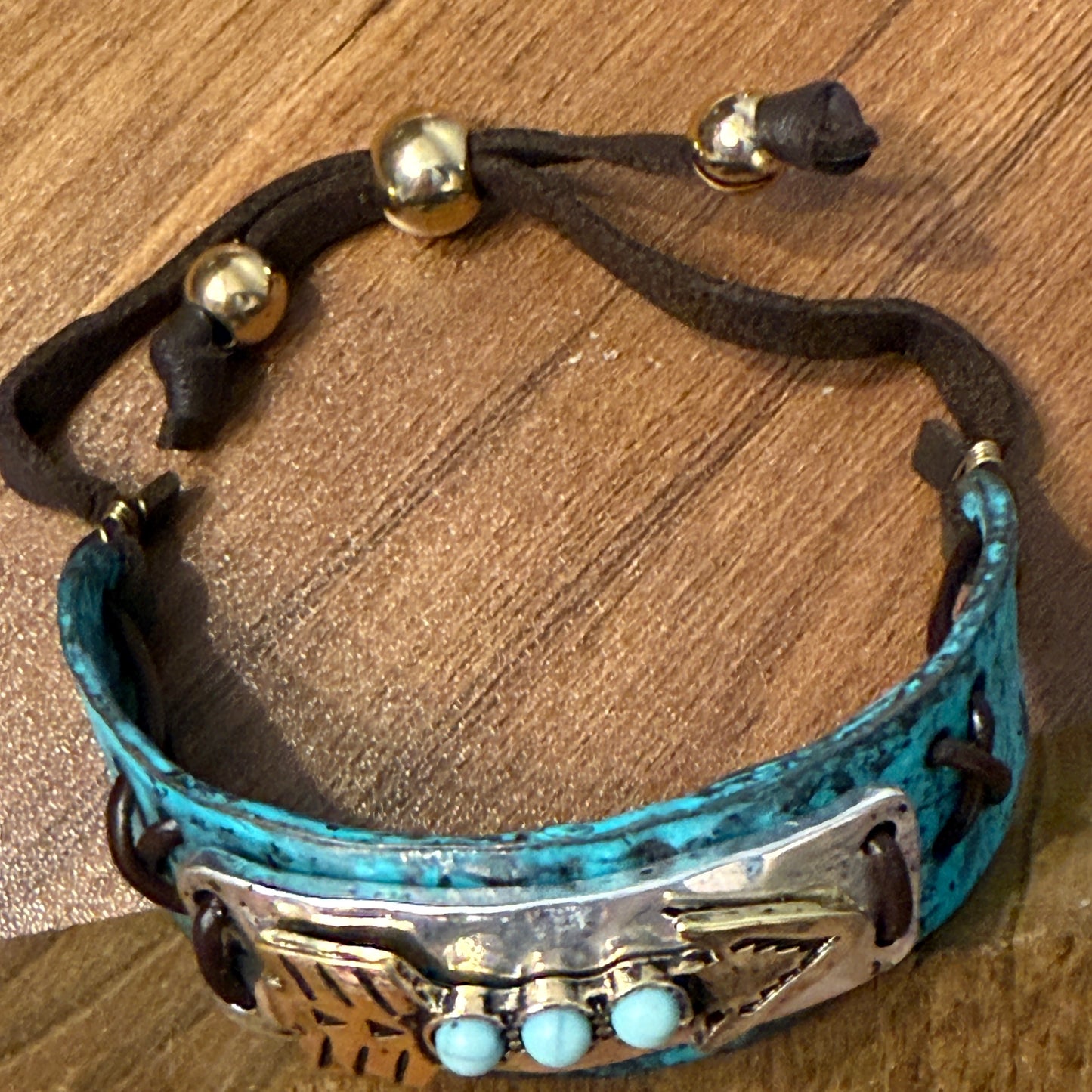 Turquoise Stone Native American Arrow Rope Western Bracelet Cuff With Gold Patina And Silver Accents