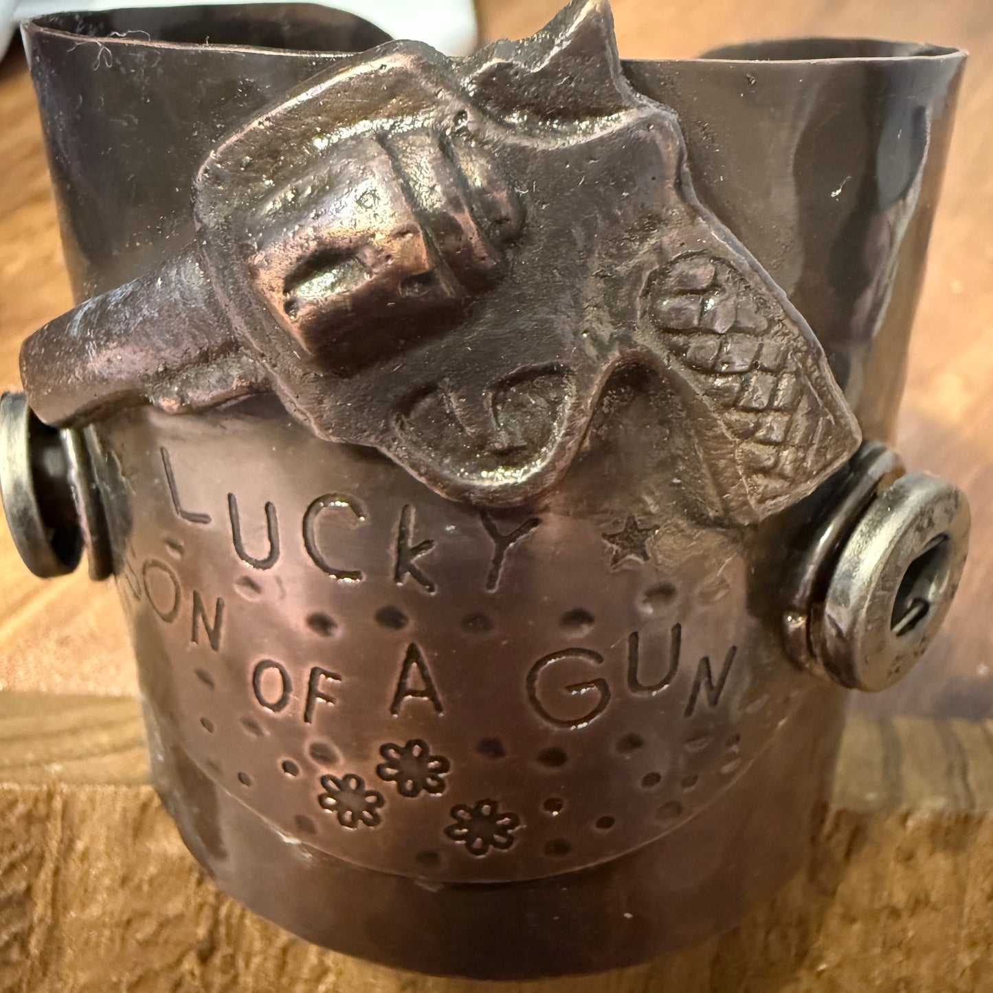 Lucky Son Of A Gun Wide Metal Cuff Bracelet For Men Bold Statement Jewelry Gift Idea