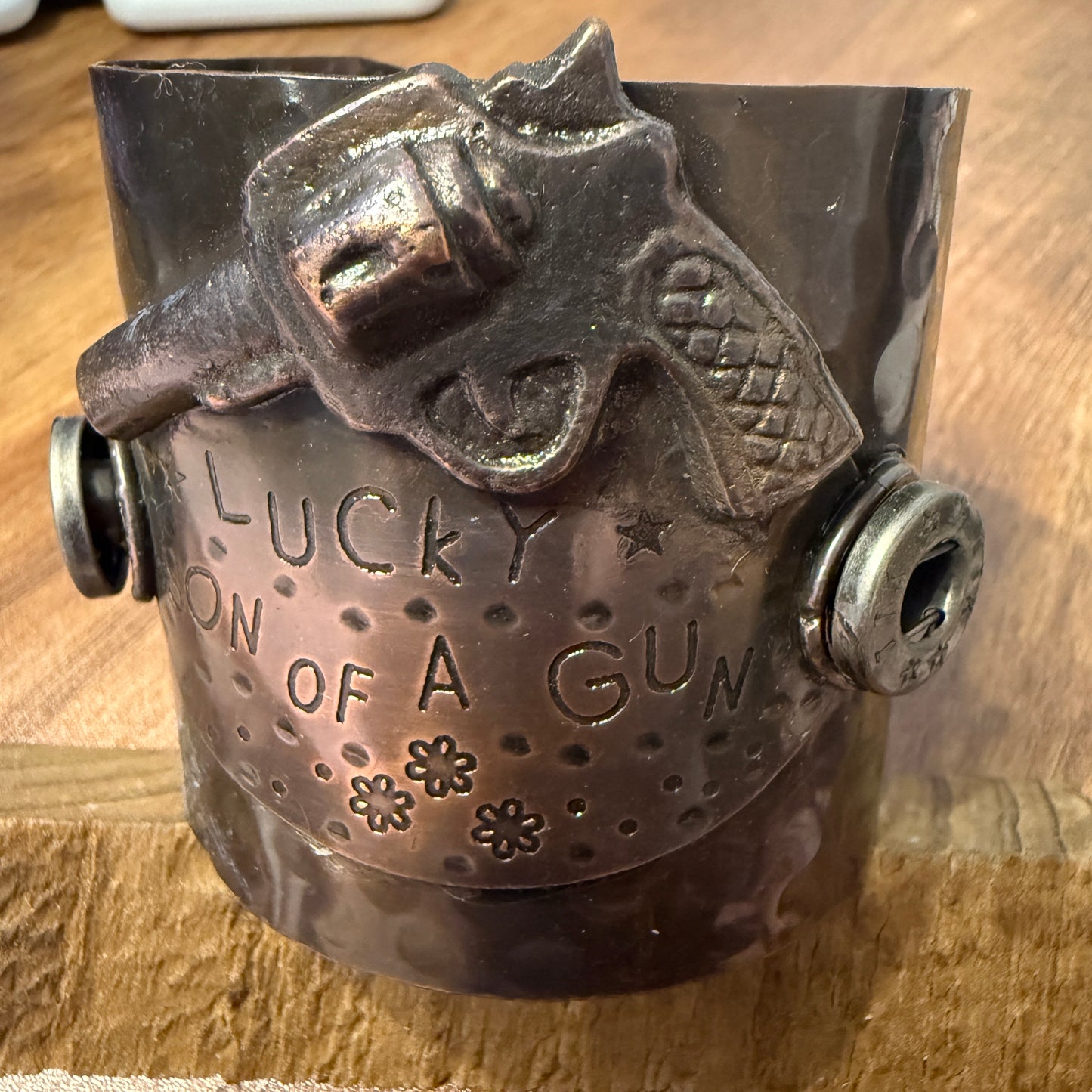 Lucky Son Of A Gun Wide Metal Cuff Bracelet For Men Bold Statement Jewelry Gift Idea