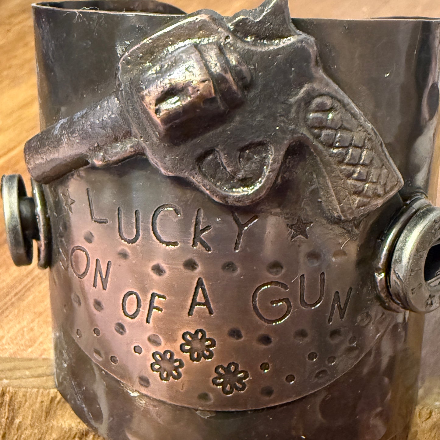 Lucky Son Of A Gun Wide Metal Cuff Bracelet For Men Bold Statement Jewelry Gift Idea