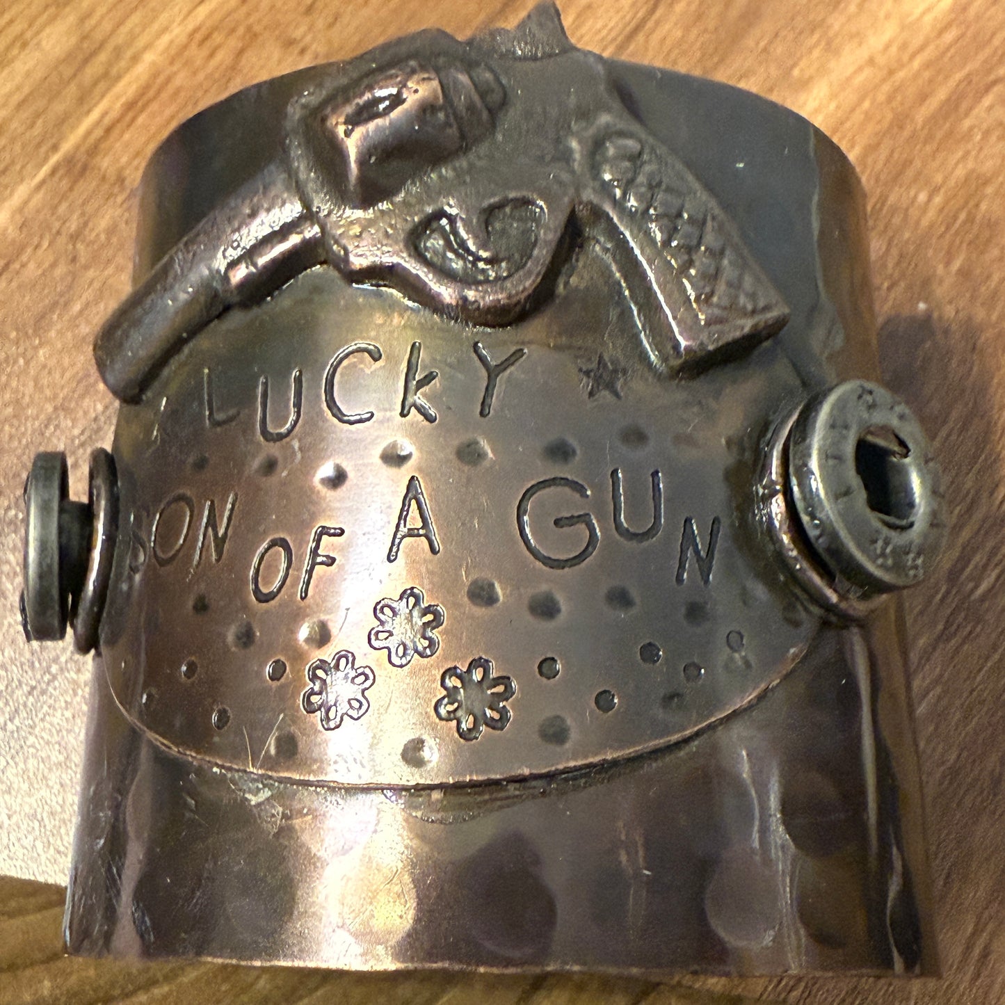 Lucky Son Of A Gun Wide Metal Cuff Bracelet For Men Bold Statement Jewelry Gift Idea