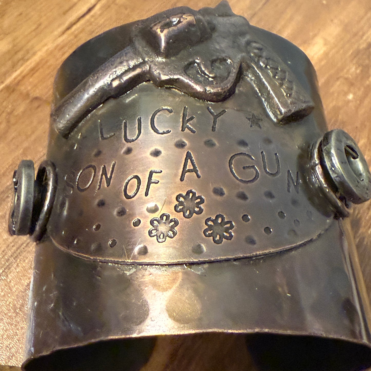 Lucky Son Of A Gun Wide Metal Cuff Bracelet For Men Bold Statement Jewelry Gift Idea