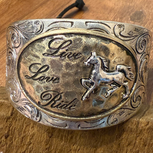 Live Love Ride Horse Western Bracelet Cuff With Silver Plate Finish