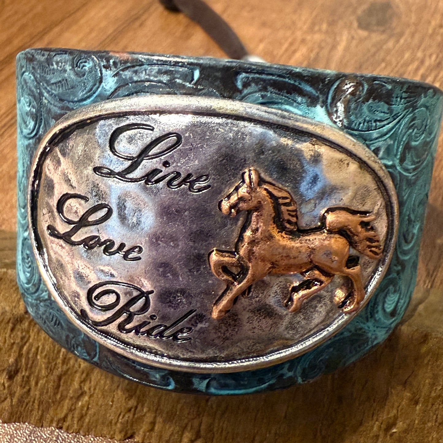 Live Love Ride Horse Western Bracelet Cuff Patina Finish