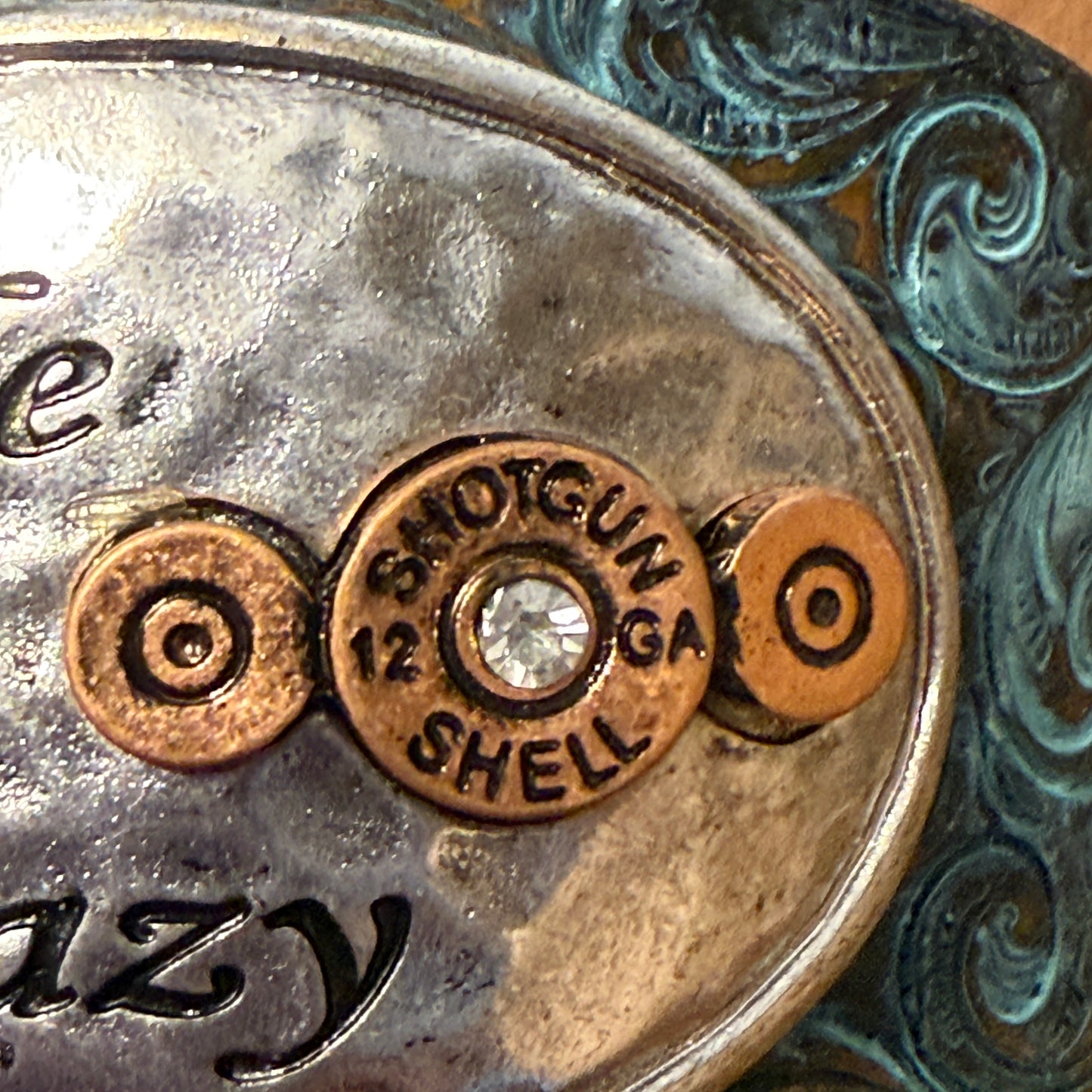 Hide Your Crazy And Act Like Lady Western Bracelet Cuff With Patina Turquoise Blue And Bullet Rhinestone Centerpiece