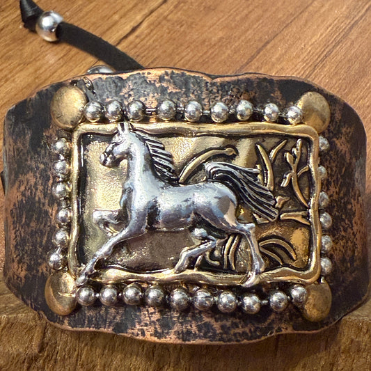 Horse Cantering Western Bracelet Cuff In Brown Leather With Vintage Copper Plate