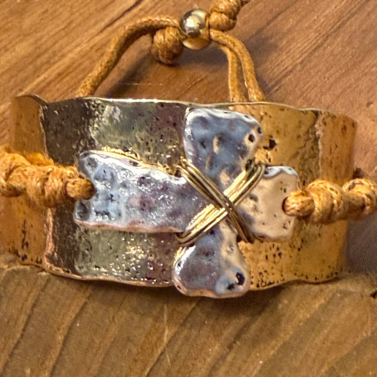 Cross Rustic Western Hammered Metal Cuff Bracelet With Large Cross Rope