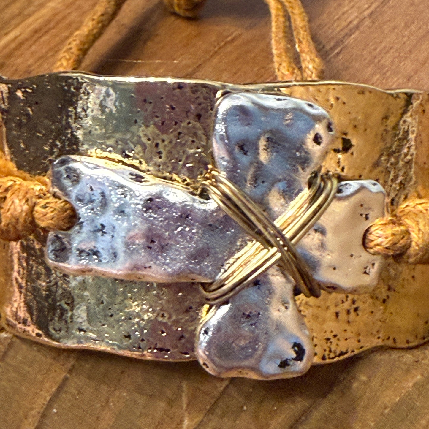 Cross Rustic Western Hammered Metal Cuff Bracelet With Large Cross Rope